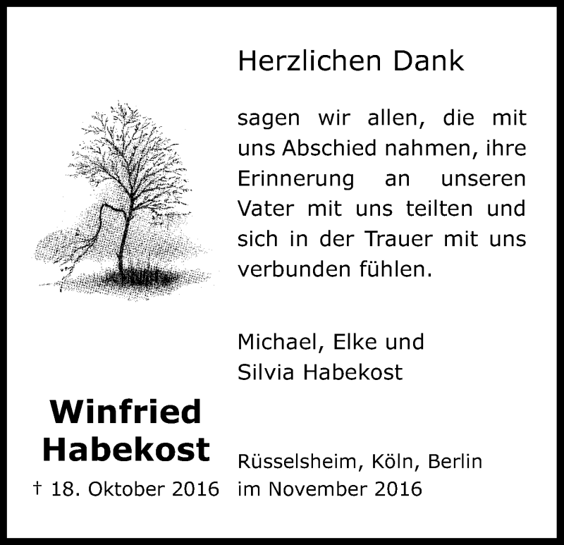  Traueranzeige für Winfried Habekost vom 12.11.2016 aus Kölner Stadt-Anzeiger / Kölnische Rundschau / Express