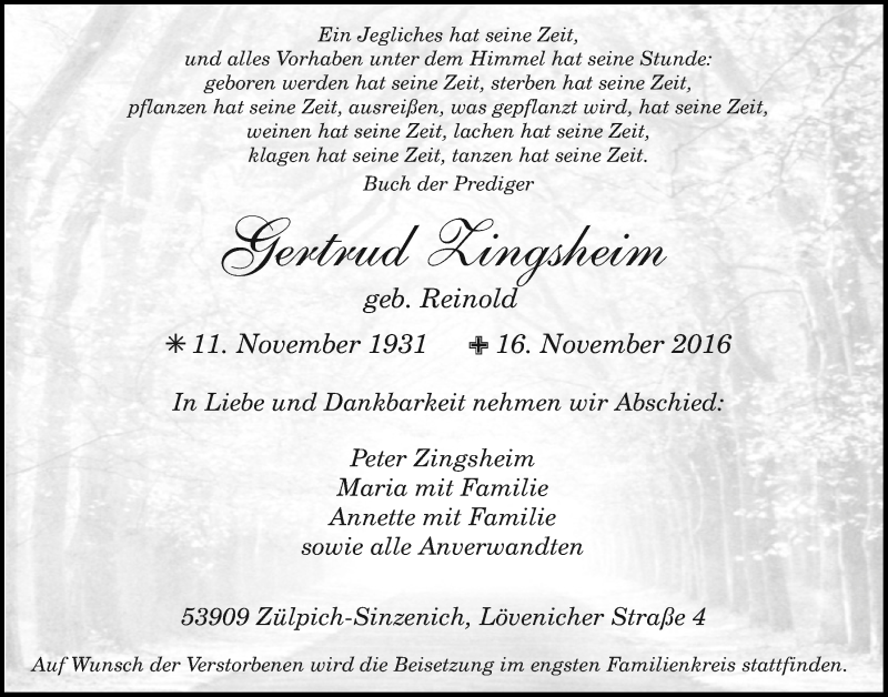  Traueranzeige für Gertrud Zingsheim vom 26.11.2016 aus  Blickpunkt Euskirchen 