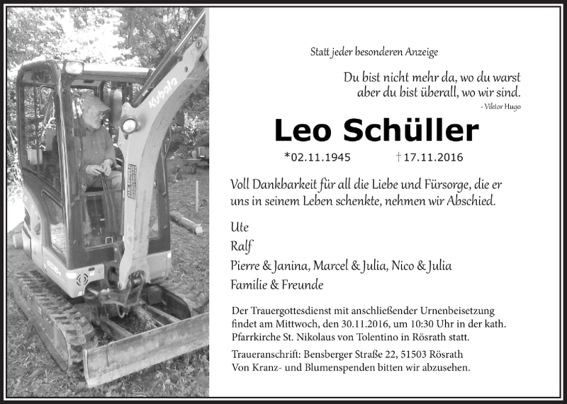  Traueranzeige für Leo Schüller vom 26.11.2016 aus  Bergisches Sonntagsblatt 