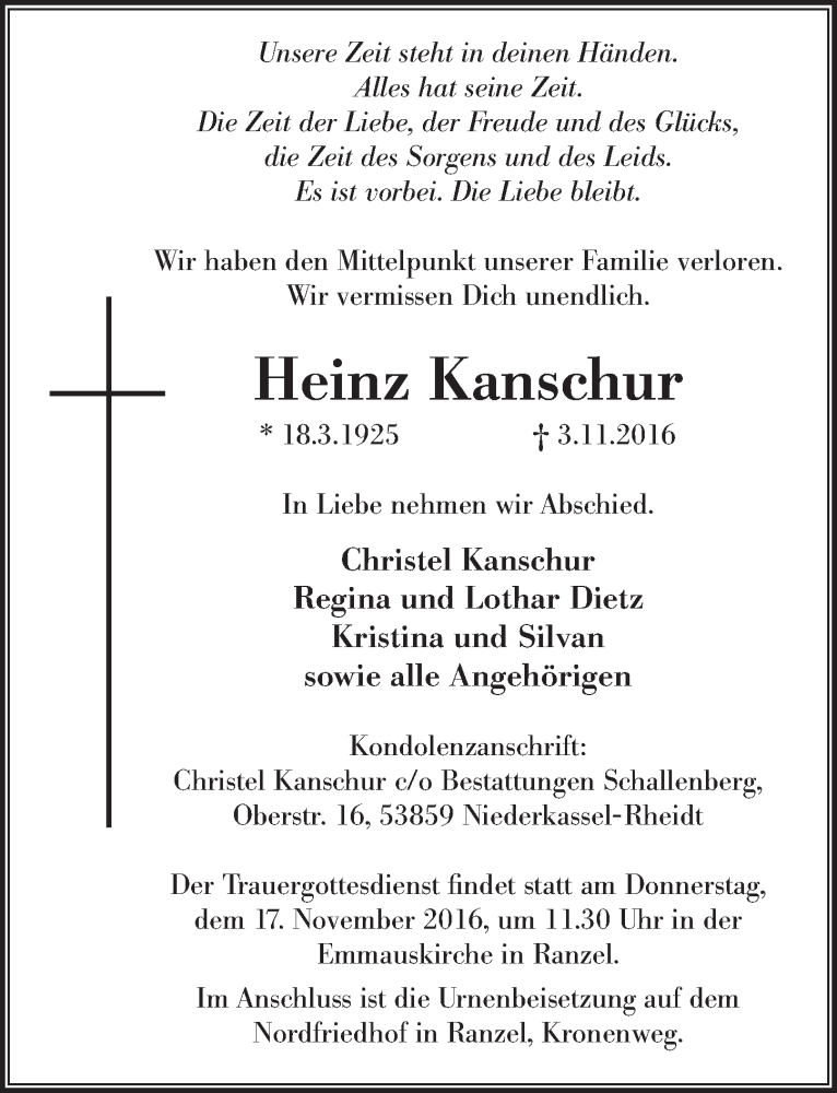  Traueranzeige für Heinz Kanschur vom 09.11.2016 aus  Extra Blatt 