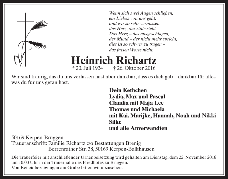  Traueranzeige für Heinrich Richartz vom 16.11.2016 aus  Werbepost 