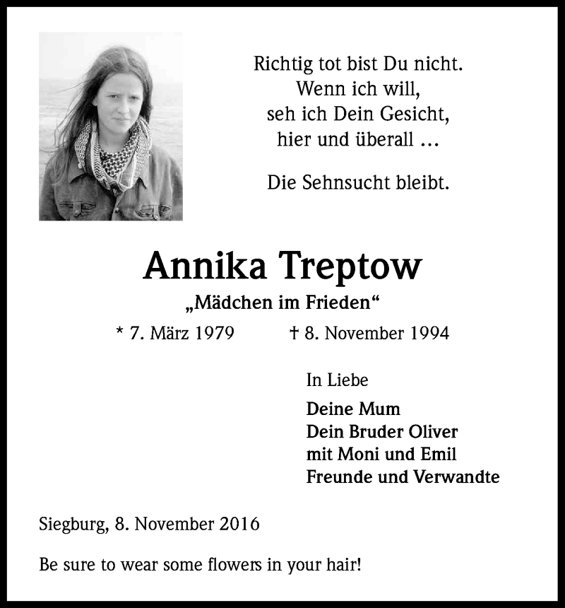  Traueranzeige für Annika Treptow vom 08.11.2016 aus Kölner Stadt-Anzeiger / Kölnische Rundschau / Express