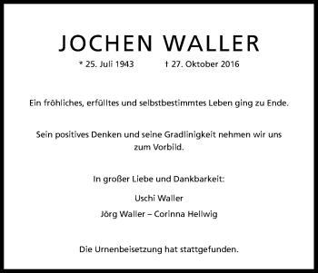 Anzeige von Jochen Waller von Kölner Stadt-Anzeiger / Kölnische Rundschau / Express