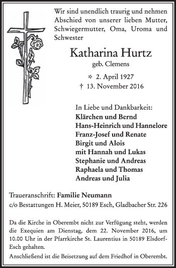 Anzeige von Katharina Hurtz von  Sonntags-Post 