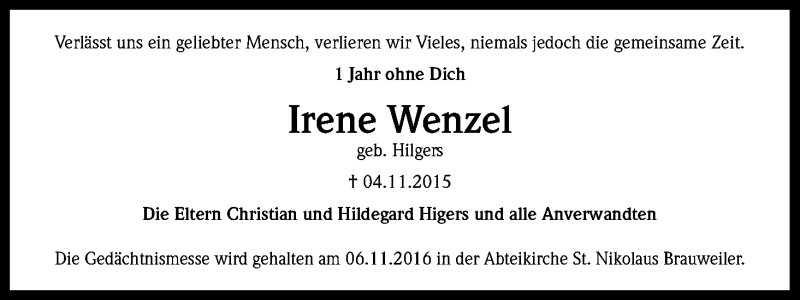  Traueranzeige für Irene Wenzel vom 05.11.2016 aus Kölner Stadt-Anzeiger / Kölnische Rundschau / Express