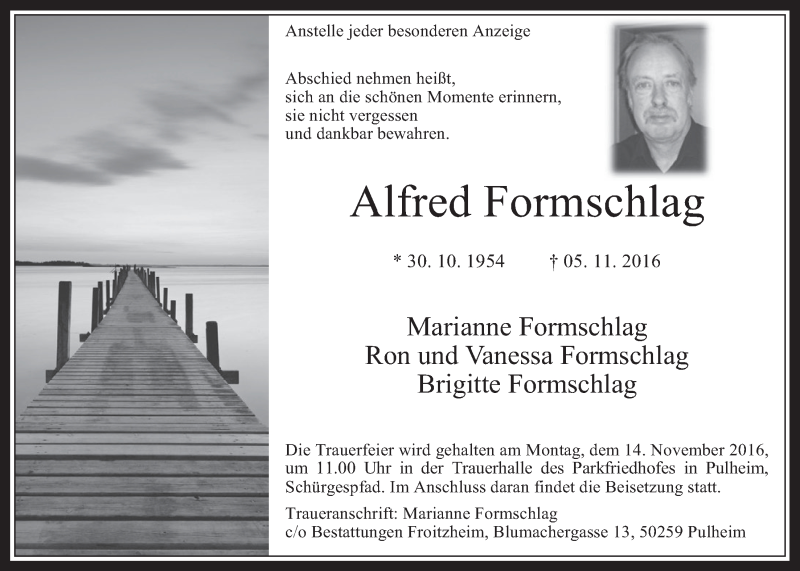  Traueranzeige für Alfred Formschlag vom 09.11.2016 aus  Wochenende 