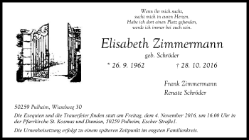 Anzeige von Elisabeth Zimmermann von Kölner Stadt-Anzeiger / Kölnische Rundschau / Express
