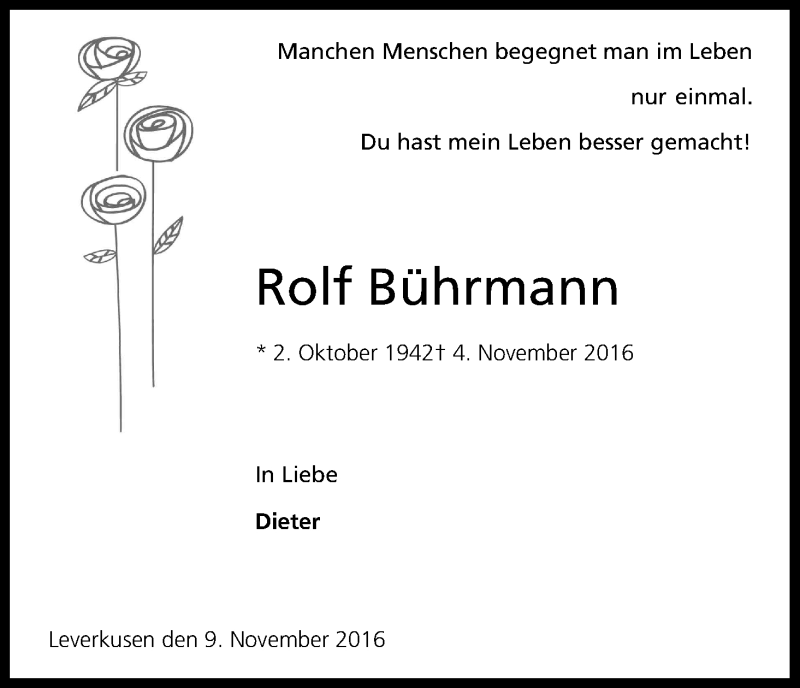  Traueranzeige für Rolf Bührmann vom 12.11.2016 aus Kölner Stadt-Anzeiger / Kölnische Rundschau / Express