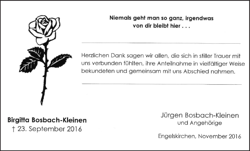  Traueranzeige für Birgitta Bosbach-Kleinen vom 02.11.2016 aus  Anzeigen Echo 