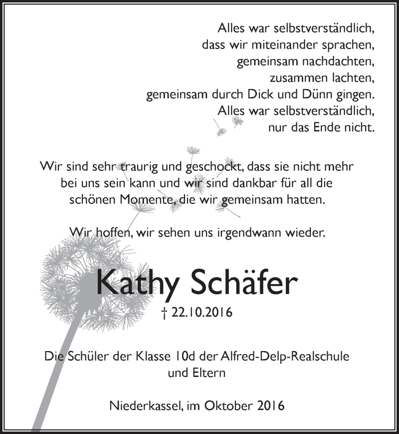  Traueranzeige für Kathy Schäfer vom 02.11.2016 aus  Extra Blatt 