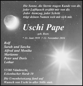 Anzeige von Uschi Pape von  Bergisches Handelsblatt 