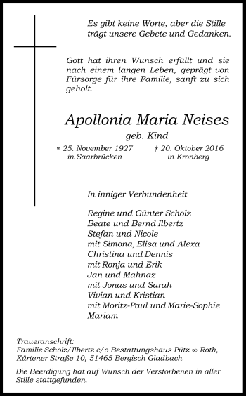 Anzeige von Apollonia Maria Neises von Kölner Stadt-Anzeiger / Kölnische Rundschau / Express