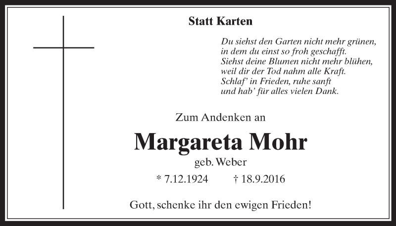  Traueranzeige für Margareta Mohr vom 09.11.2016 aus  Schaufenster/Blickpunkt 