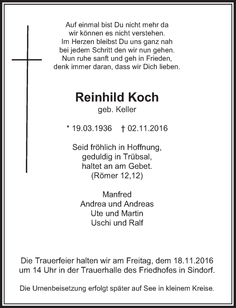  Traueranzeige für Reinhild Koch vom 12.11.2016 aus  Sonntags-Post 
