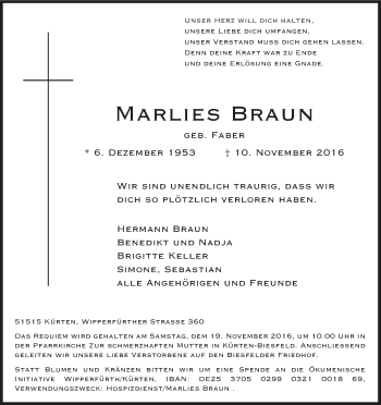 Anzeige von Marlies Braun von Kölner Stadt-Anzeiger / Kölnische Rundschau / Express