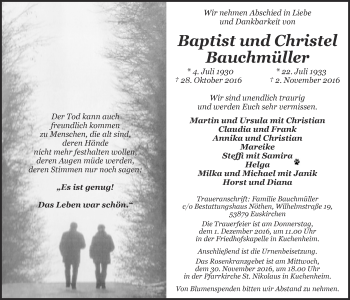 Anzeige von Baptist und Christel Bauchmüller von  Blickpunkt Euskirchen 