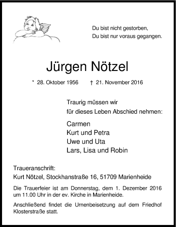 Anzeige von Jürgen Nötzel von Kölner Stadt-Anzeiger / Kölnische Rundschau / Express