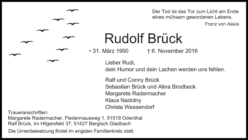  Traueranzeige für Rudolf Brück vom 12.11.2016 aus Kölner Stadt-Anzeiger / Kölnische Rundschau / Express