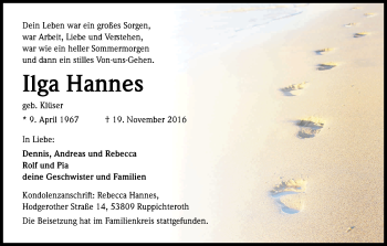 Anzeige von Ilga Hannes von Kölner Stadt-Anzeiger / Kölnische Rundschau / Express