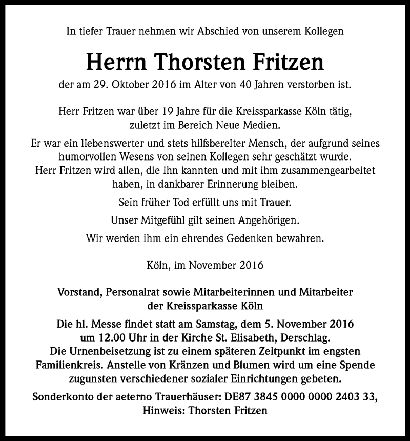  Traueranzeige für Thorsten Fritzen vom 04.11.2016 aus Kölner Stadt-Anzeiger / Kölnische Rundschau / Express