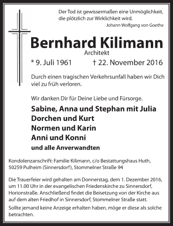 Anzeige von Bernhard Kilimann von  Wochenende 