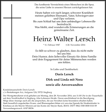 Anzeige von Heinz Walter Lersch von Kölner Stadt-Anzeiger / Kölnische Rundschau / Express