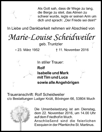 Anzeige von Marie-Louise Scheidweiler von Kölner Stadt-Anzeiger / Kölnische Rundschau / Express