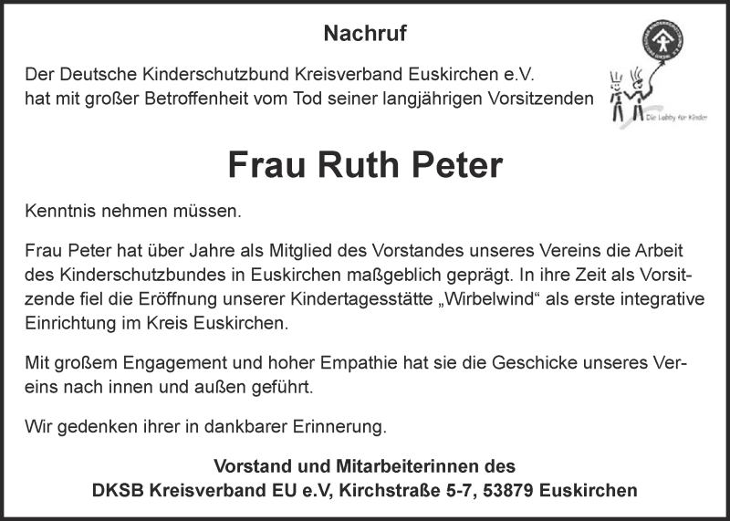 Traueranzeige für Ruth Peter vom 05.11.2016 aus  Blickpunkt Euskirchen 