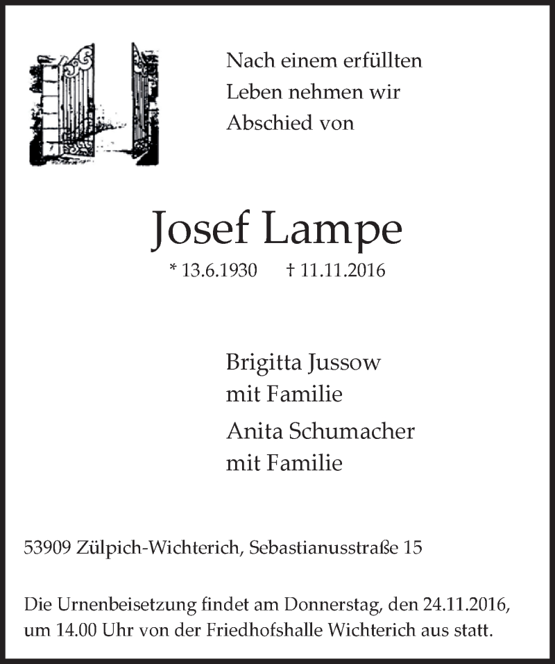  Traueranzeige für Josef Lampe vom 19.11.2016 aus  Blickpunkt Euskirchen 