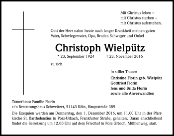 Anzeige von Christoph Wielpütz von Kölner Stadt-Anzeiger / Kölnische Rundschau / Express