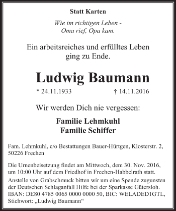 Anzeige von Ludwig Baumann von  Wochenende 