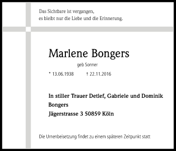 Anzeige von Marlene Bongers von Kölner Stadt-Anzeiger / Kölnische Rundschau / Express