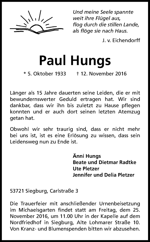  Traueranzeige für Paul Hungs vom 19.11.2016 aus Kölner Stadt-Anzeiger / Kölnische Rundschau / Express