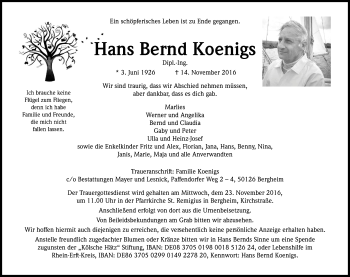 Anzeige von Hans Bernd Koenigs von Kölner Stadt-Anzeiger / Kölnische Rundschau / Express