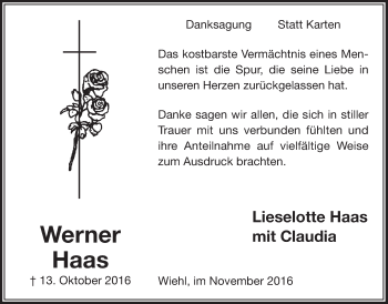 Anzeige von Werner Haas von  Anzeigen Echo 