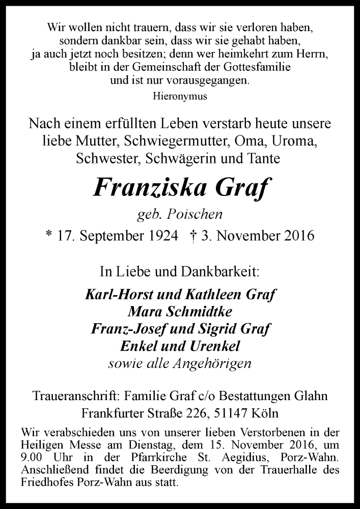  Traueranzeige für Franziska Graf vom 09.11.2016 aus  Kölner Wochenspiegel 