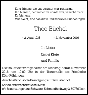 Anzeige von Theo Büchel von Kölner Stadt-Anzeiger / Kölnische Rundschau / Express