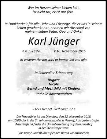 Anzeige von Karl Jünger von Kölner Stadt-Anzeiger / Kölnische Rundschau / Express
