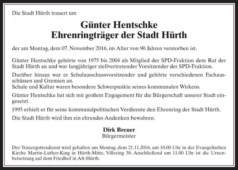  Traueranzeige für Günter Hentschke vom 16.11.2016 aus  Wochenende 