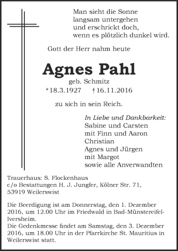 Anzeige von Agnes Pahl von  Blickpunkt Euskirchen 