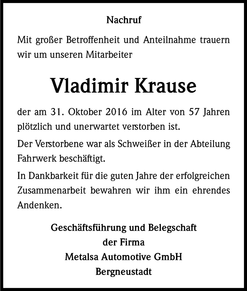  Traueranzeige für Vladimir Krause vom 12.11.2016 aus Kölner Stadt-Anzeiger / Kölnische Rundschau / Express