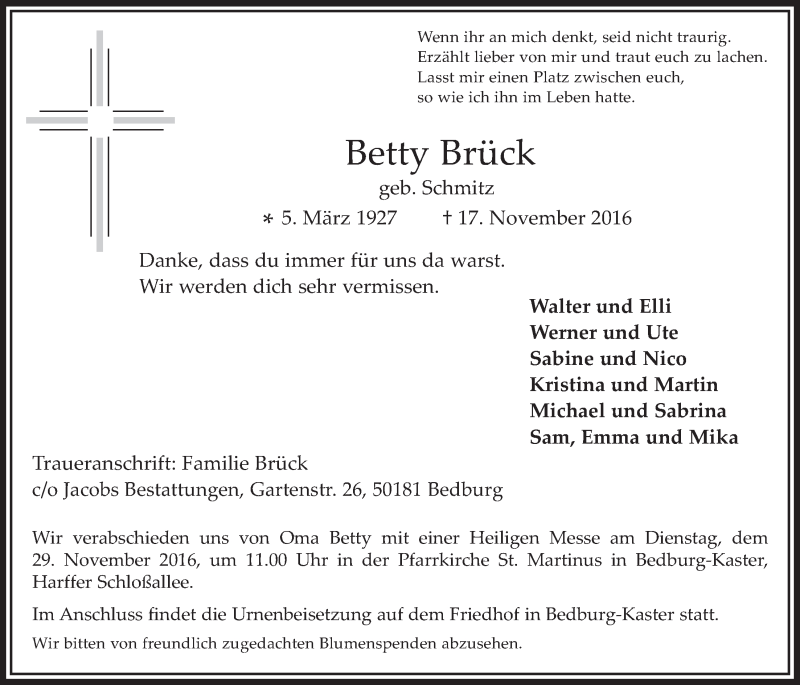  Traueranzeige für Betty Brück vom 23.11.2016 aus  Werbepost 