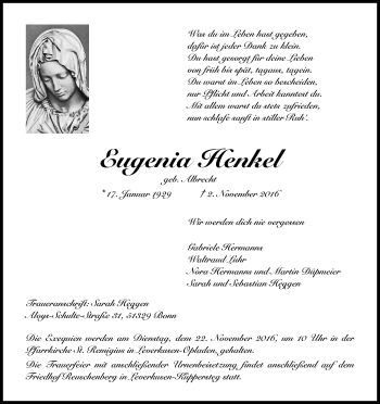 Anzeige von Eugenia Henkel von Kölner Stadt-Anzeiger / Kölnische Rundschau / Express