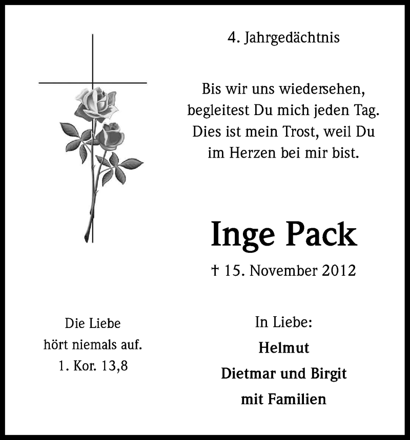  Traueranzeige für Inge Pack vom 15.11.2016 aus Kölner Stadt-Anzeiger / Kölnische Rundschau / Express