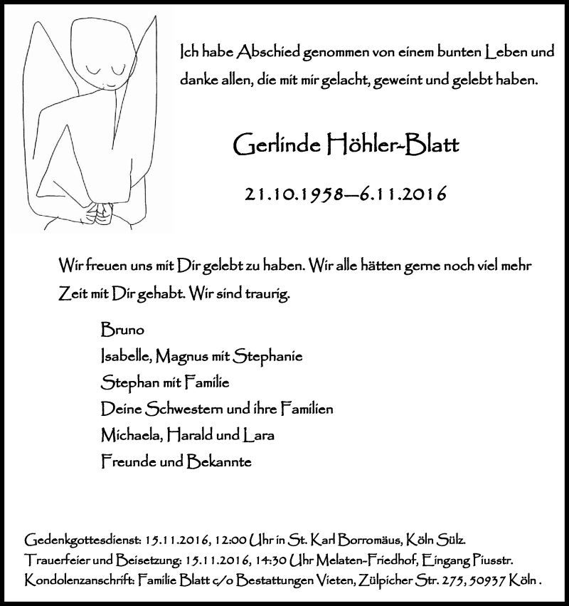  Traueranzeige für Gerlinde Höhler-Blatt vom 12.11.2016 aus Kölner Stadt-Anzeiger / Kölnische Rundschau / Express