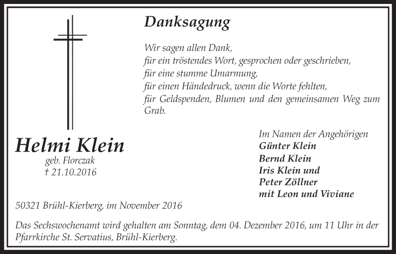  Traueranzeige für Helmi Klein vom 30.11.2016 aus  Schlossbote/Werbekurier 