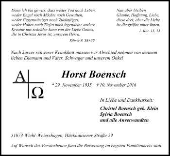 Anzeige von Horst Boensch von Kölner Stadt-Anzeiger / Kölnische Rundschau / Express