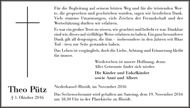  Traueranzeige für Theo Pütz vom 16.11.2016 aus  Extra Blatt 