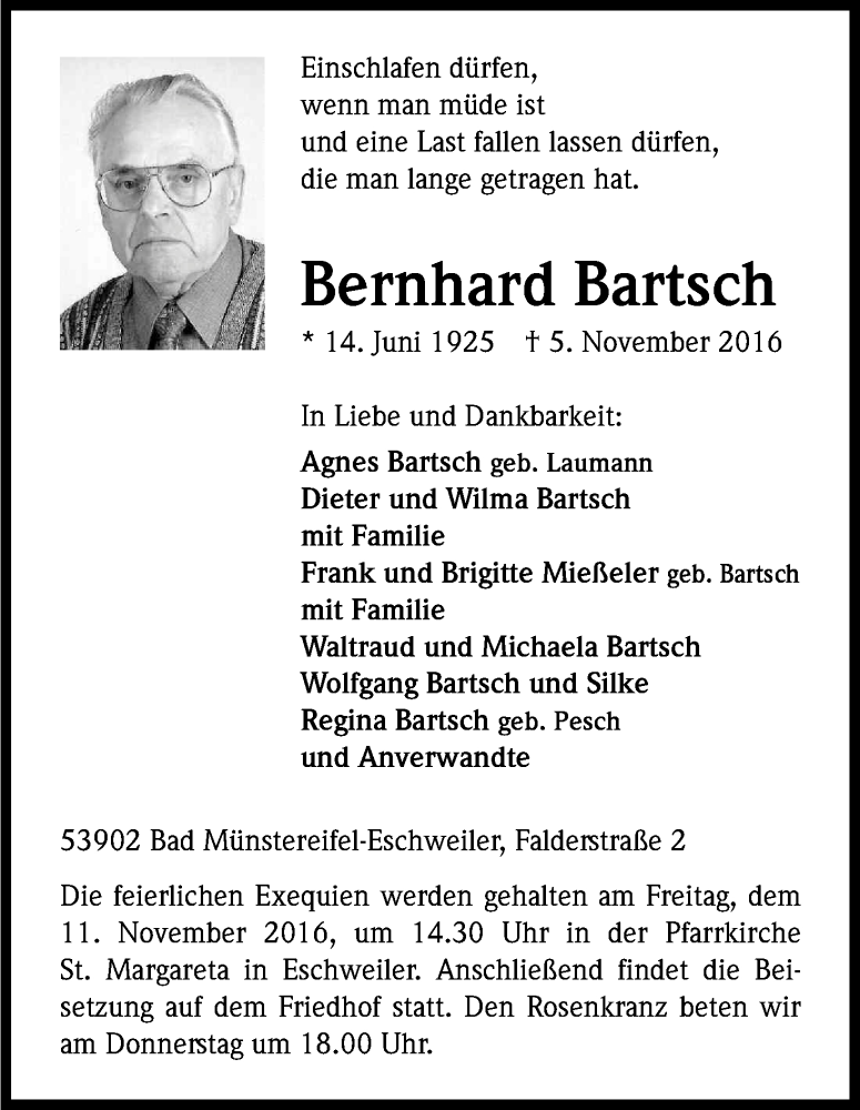  Traueranzeige für Bernhard Bartsch vom 09.11.2016 aus Kölner Stadt-Anzeiger / Kölnische Rundschau / Express