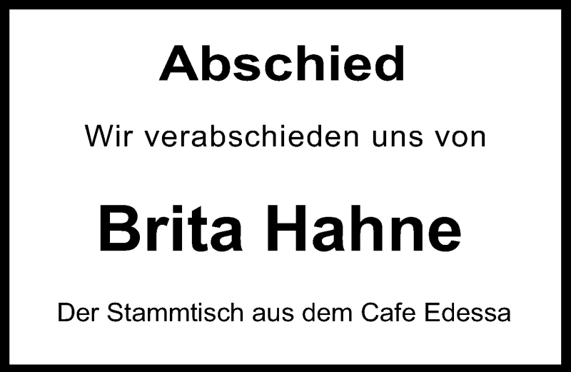 Traueranzeige für Brita Hahne vom 30.11.2016 aus  Kölner Wochenspiegel 